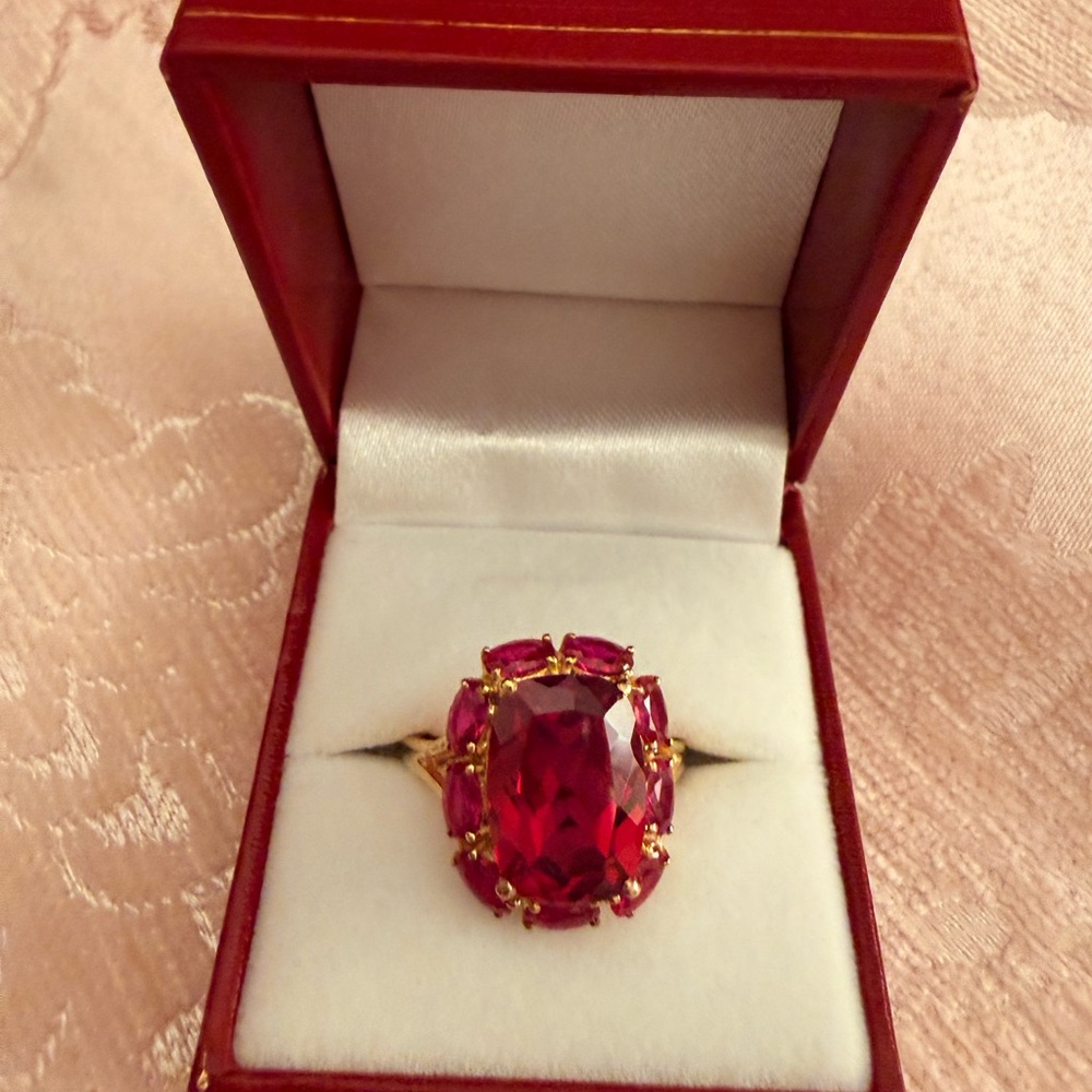 Radiant Ruby Red Gemstone Ring In Gold Plated Set… - image 3